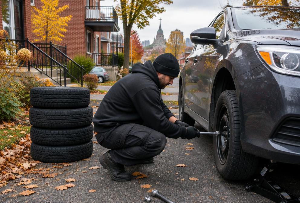 Technicien changeant un pneu dans une entrée résidentielle